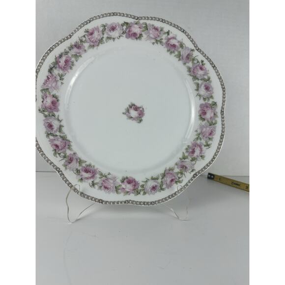 Z.S. & Co Mignon 9.75" Scalloped Dinner Plate Pink Rose Wreath Bavaria 1890's - Picture 4 of 4